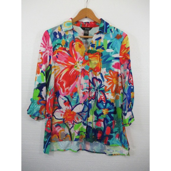 Ali Miles Tops - Ali Miles Floral Top Women Medium 3/4 Sleeve Art to Wear Hi Low